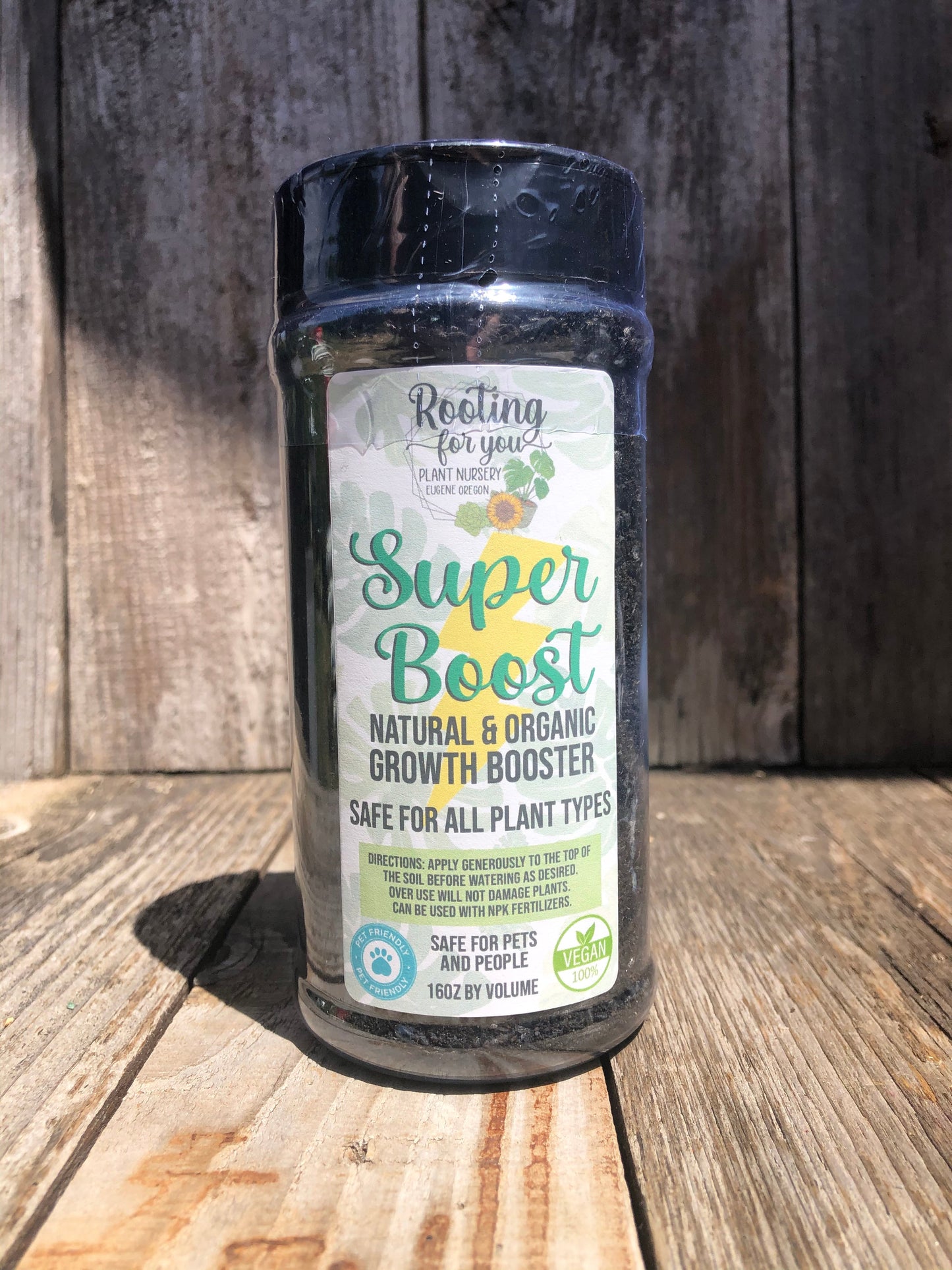 Rooting For You Plant Nursery Super Boost organic growth booster in 16oz bottle, suitable for all soil types and PET safe.