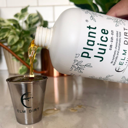 A bottle of Elm Dirt Plant Juice, an organic plant food, is poured into a metal measuring cup with the Elm Dirt logo on a kitchen counter. Some has spilled nearby, and a plant is visible in the background.