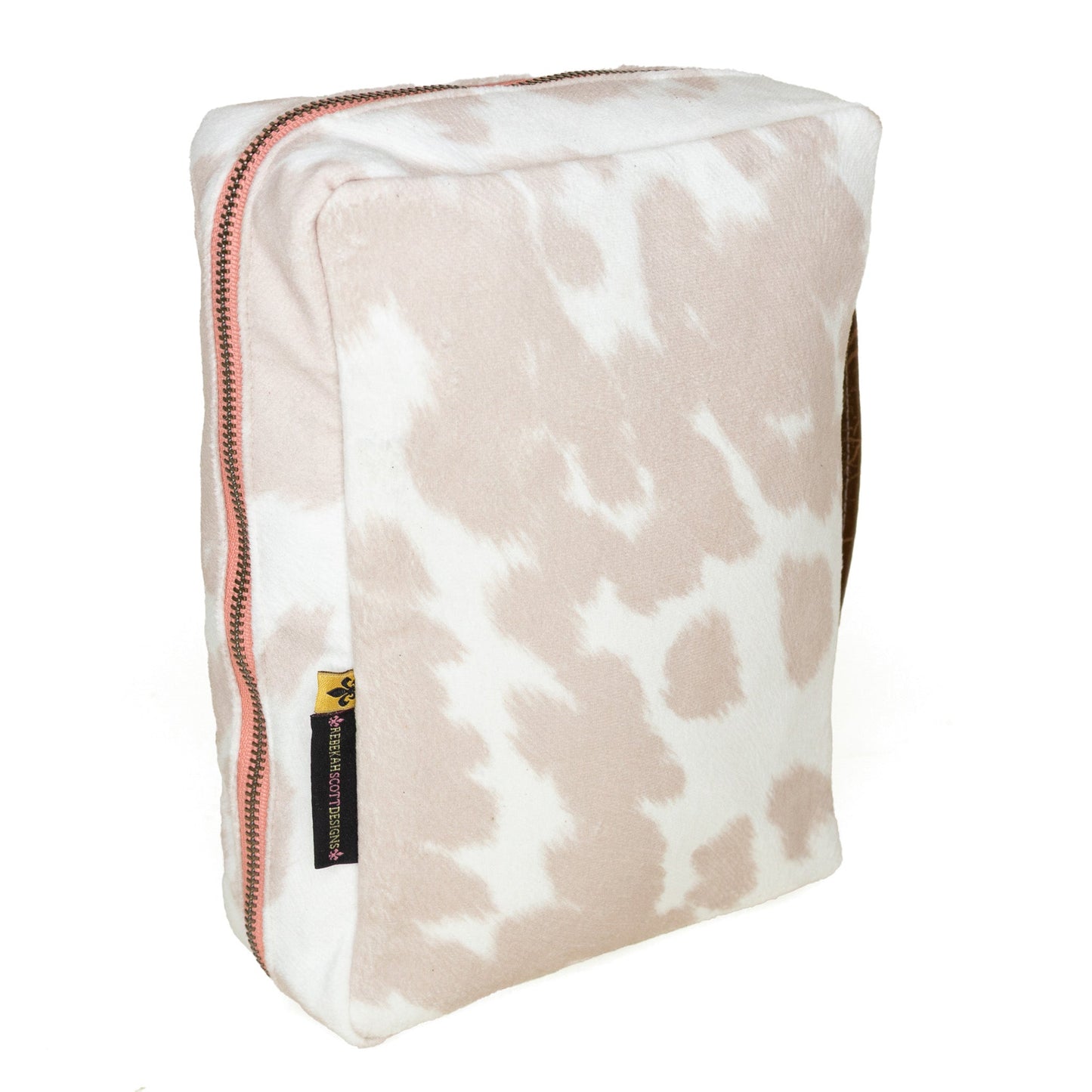 Blush cowhide Bible cover by Rebekah Scott Designs with elegant stitching and durable leather exterior.