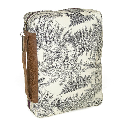 Rebekah Scott Designs Bible cover with a fern pattern, featuring green foliage on a fabric cover for protection and style.