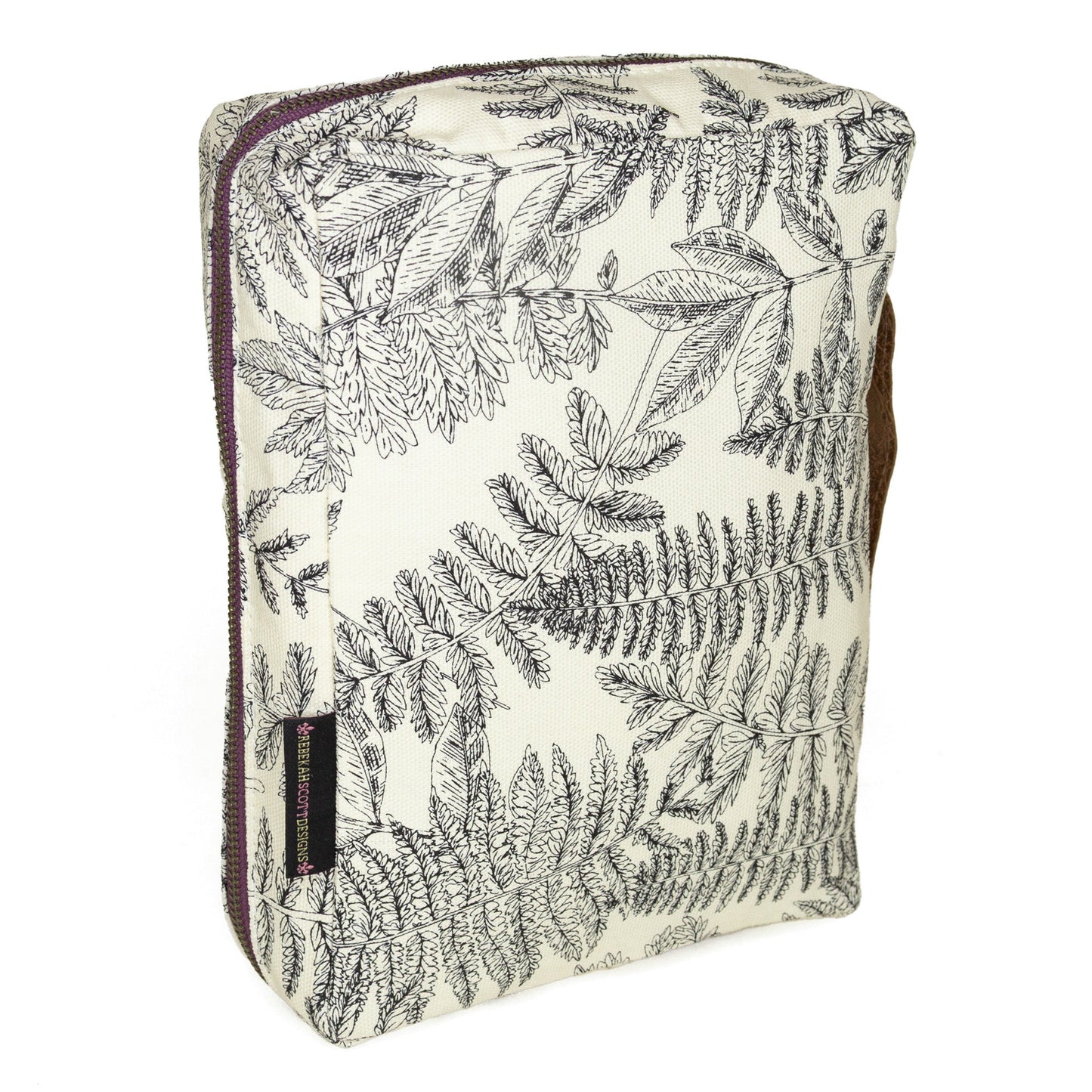 Rebekah Scott Designs Bible Cover with fern pattern, soft fabric exterior and secure zipper closure for Bible protection