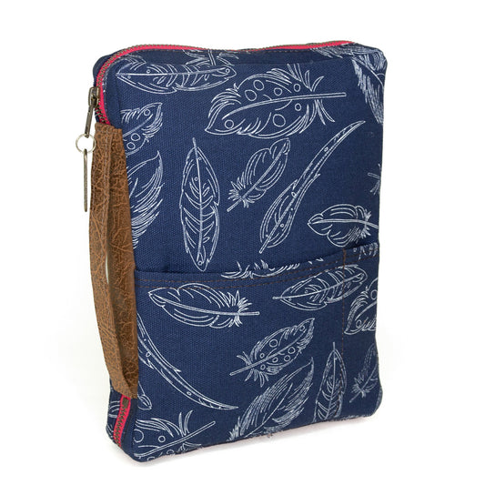 Indigo feather design slim Bible cover by Rebekah Scott Designs, made of durable material with a zipper closure and decorative feather pattern.