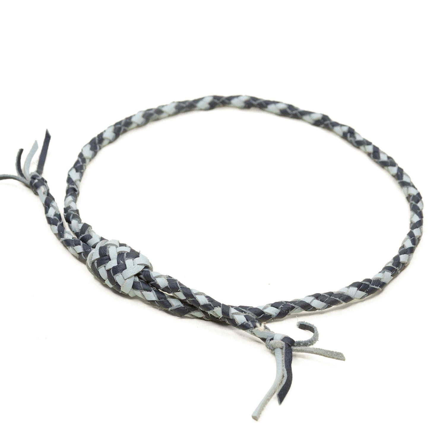 Navy and dusty blue braided hat band by Rebekah Scott Designs, shown wrapped around a hat for stylish accessory detail.