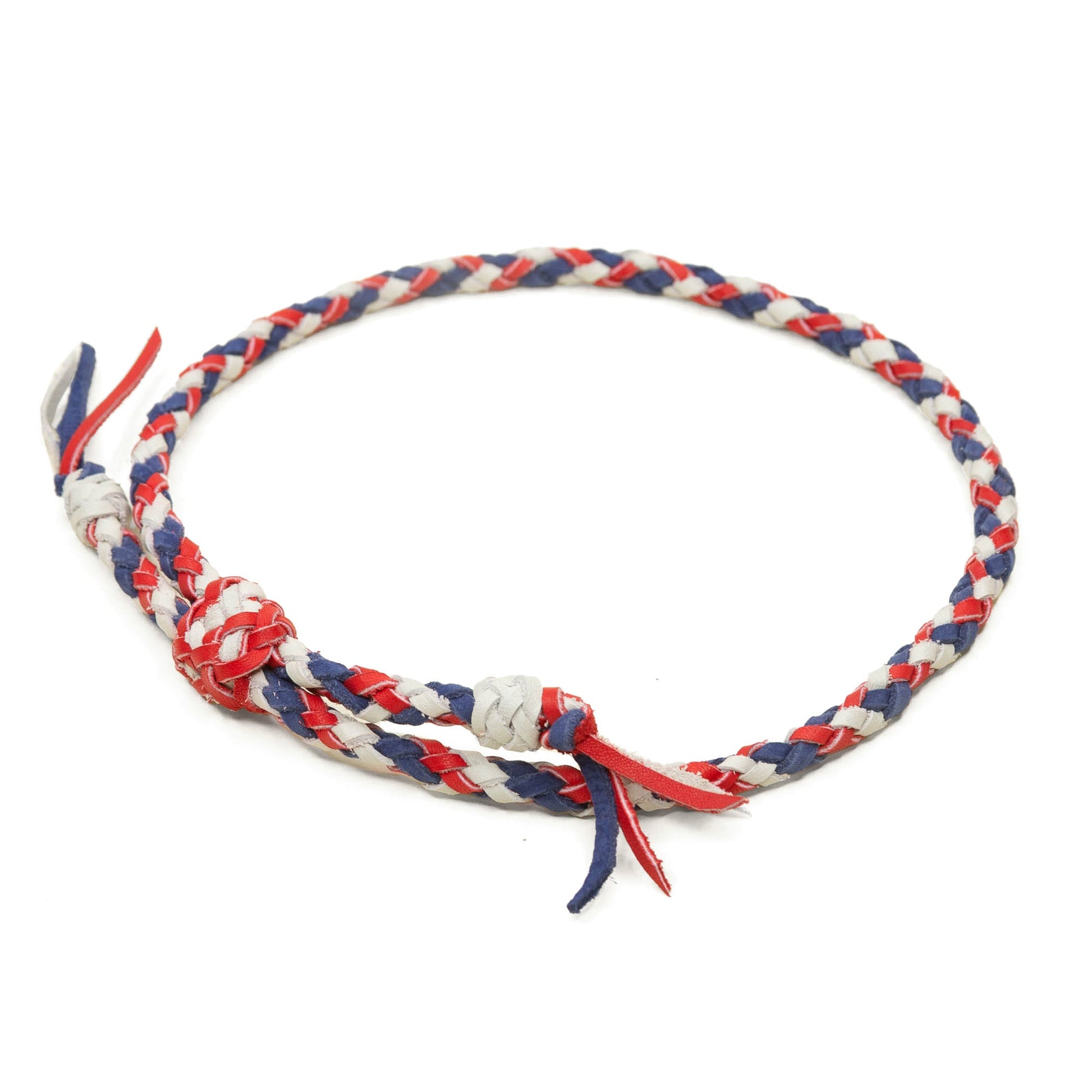 Rebekah Scott Designs braided hat band in red, white, and blue with woven pattern, suitable for cowboy or western hats.