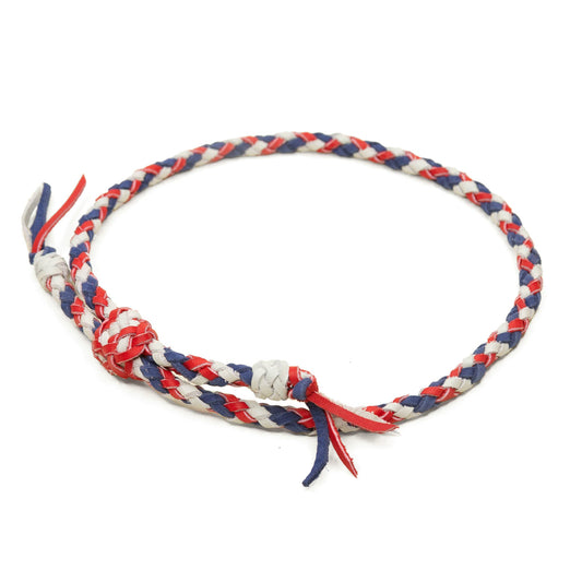 Rebekah Scott Designs braided hat band in red, white, and blue with woven pattern, suitable for cowboy or western hats.