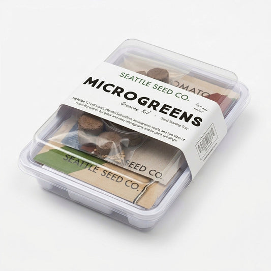 Microgreens and seed-starting kit from Seattle Seed Company with trays, soil, and microgreen seeds for indoor gardening.