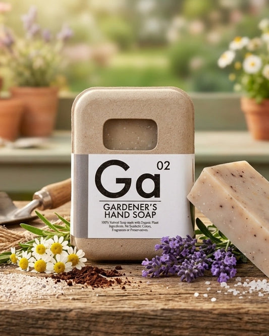 Organic Gardener's Hand Soap by Seattle Seed Company, with visible natural ingredients and rustic soap bar design.
