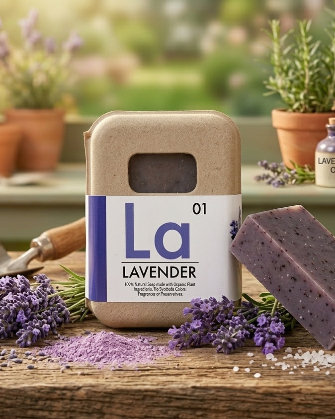 Organic lavender soap bar from Seattle Seed Company with a natural, herbal appearance and lavender flowers on the packaging.