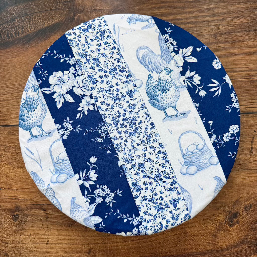 Medium bowl and banneton covers from Five Oaks Farm, natural linen covers for bread proofing, showing covers on a wooden table.