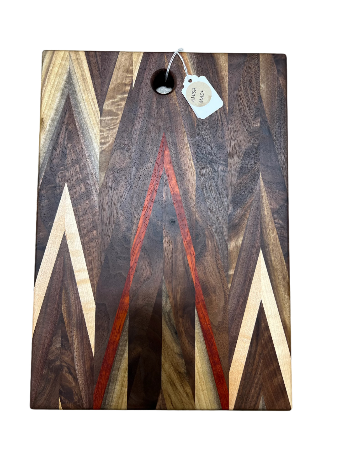 Handcrafted Amish Chevron Cutting Board – Multi-Wood Inlay, Beeswax Finish (9.5” x 14”)