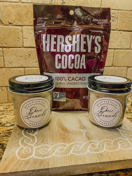Onic Brands Hot Cocoa Mix in a jar, showing the creamy cocoa powder with label, perfect for making warm chocolate drinks.