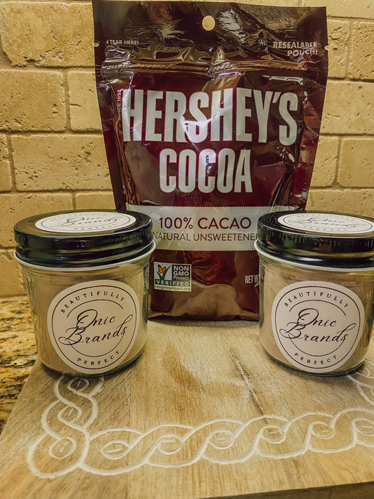 Onic Brands Hot Cocoa Mix in a box, showing the rich chocolate powder and packaging for a warm beverage drink.