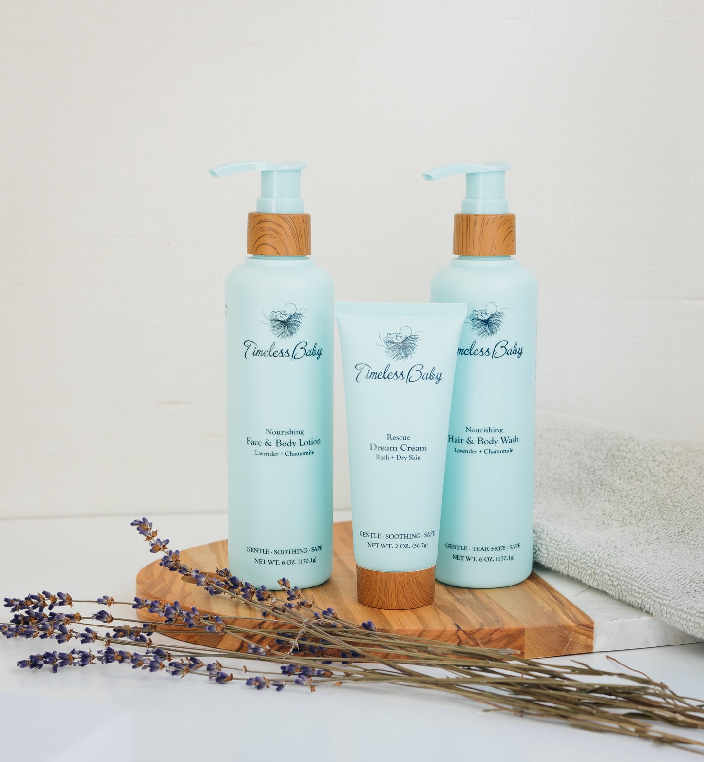 Gentle baby skincare products from Timeless Organics Skin Care in the Timeless Baby Bundle, featuring natural ingredients and soothing formulas.