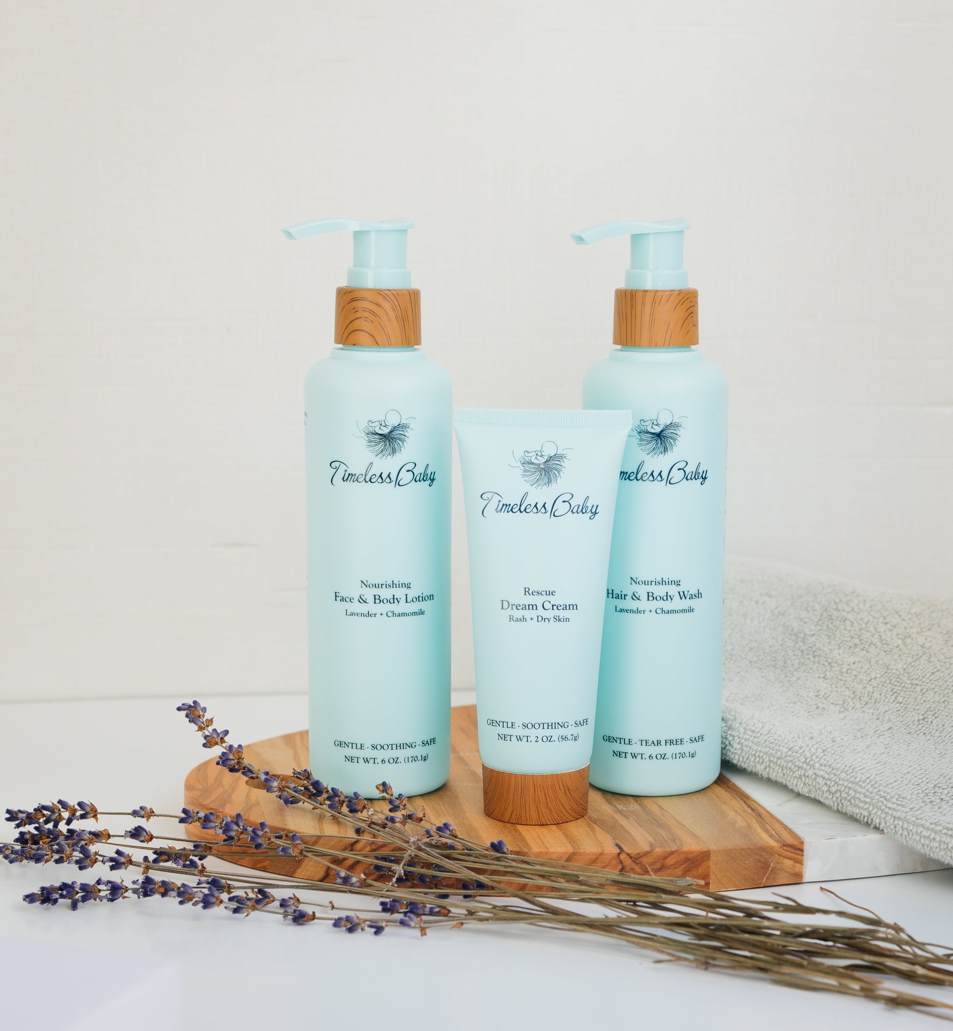 Gentle baby skincare products from Timeless Organics Skin Care in the Timeless Baby Bundle, featuring natural ingredients and soothing formulas.