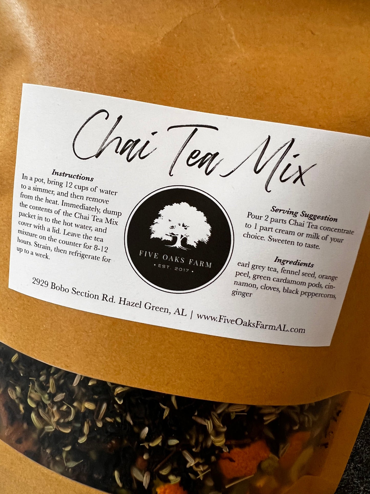 Five Oaks Farm Chai Tea Mix in a jar, showcasing the handcrafted blend of spices and tea leaves for a warm, aromatic beverage.