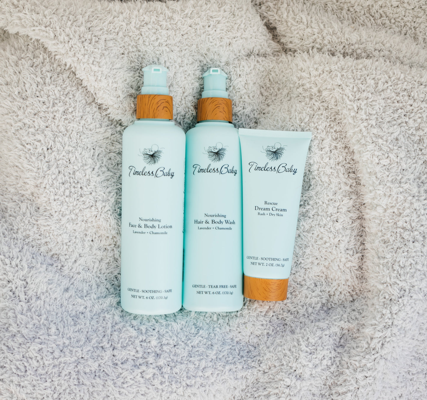 Gentle baby skincare products from Timeless Organics Skin Care bundle, including lotions and oils for sensitive skin.