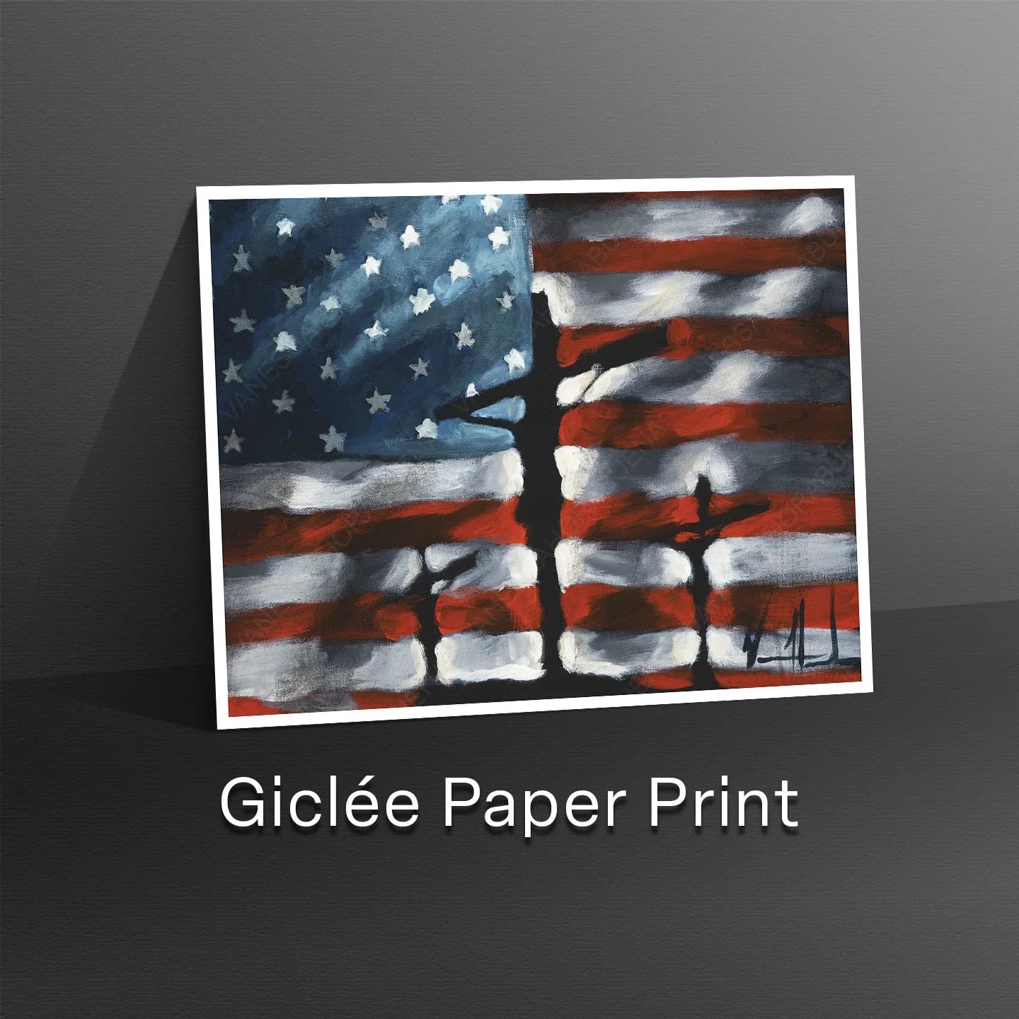 Patriotic art print titled "In God We Trust" by Vanessa Horabuena, featuring bold text and patriotic design elements.