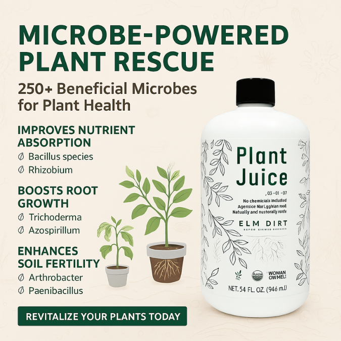Promotional image for Plant Juice by Elm Dirt, an organic plant food. Shows a large bottle with plant graphics and highlights key benefits: enhanced nutrient absorption, stronger root growth, and improved soil fertility.