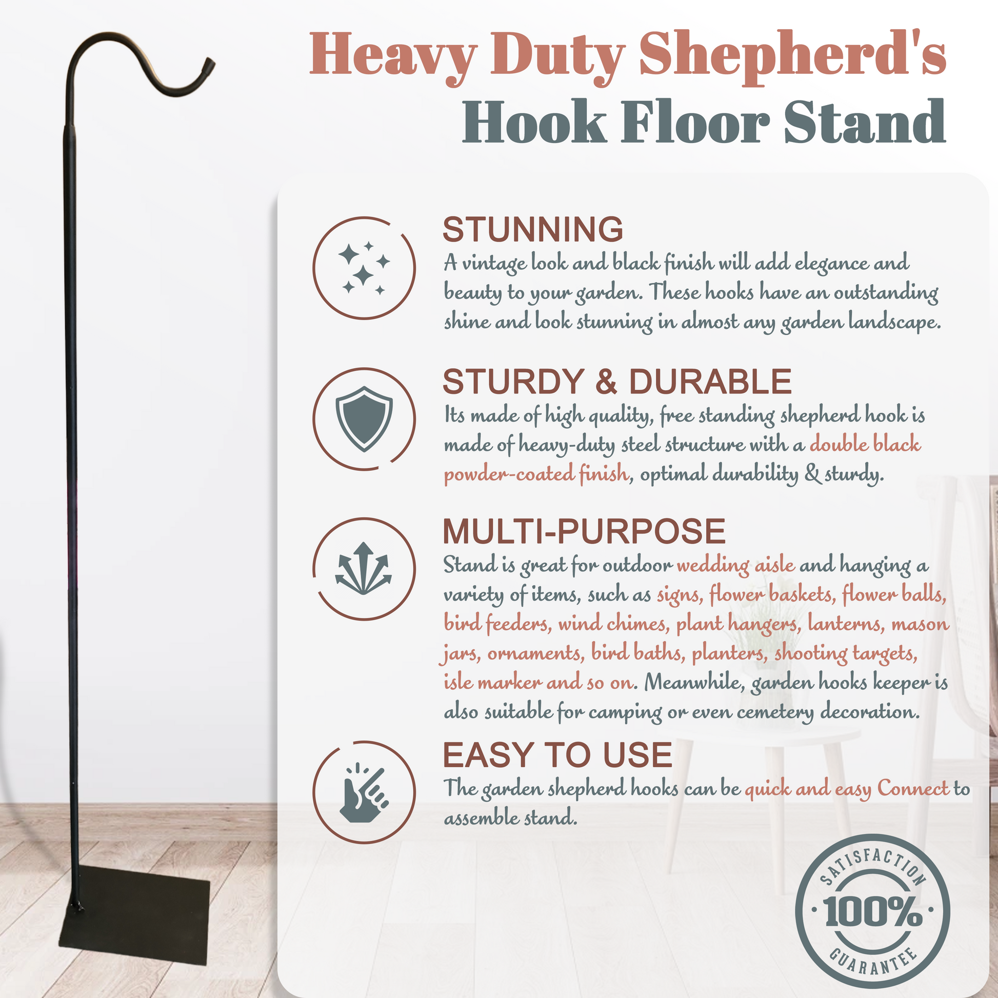 60" Adjustable Heavy Duty Shepherd's Hook Floor Stand For Patio/Garden - Blessings Grow Meadows