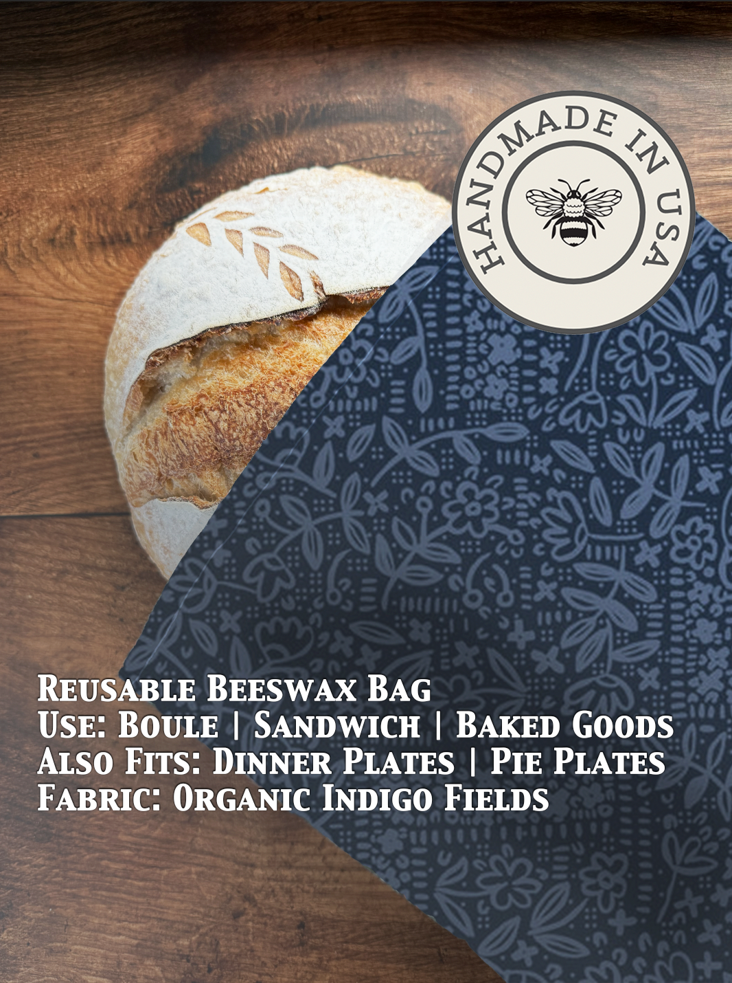 Indigo-colored beeswaxed bread bag from Five Oaks Farm, made from natural materials, designed for storing fresh bread.