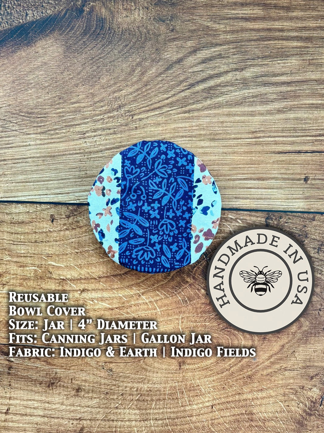 Indigo-colored jar cover from Five Oaks Farm's From the Farm collection, featuring rustic fabric and farm-inspired design.