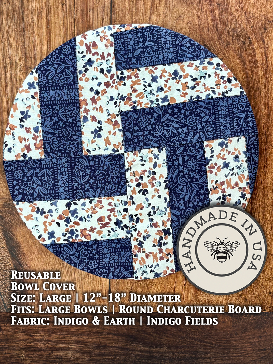 Large Indigo Earth Fields bowl cover from Five Oaks Farm, made of durable fabric, designed to protect bowls during storage.