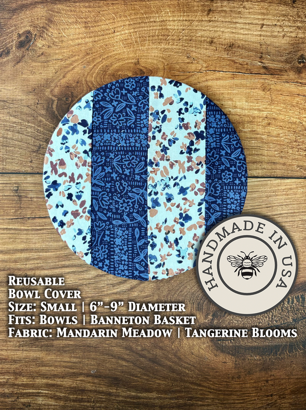 Small bowl and banneton covers from Five Oaks Farm, featuring indigo earth fields pattern for bread baking and proofing.