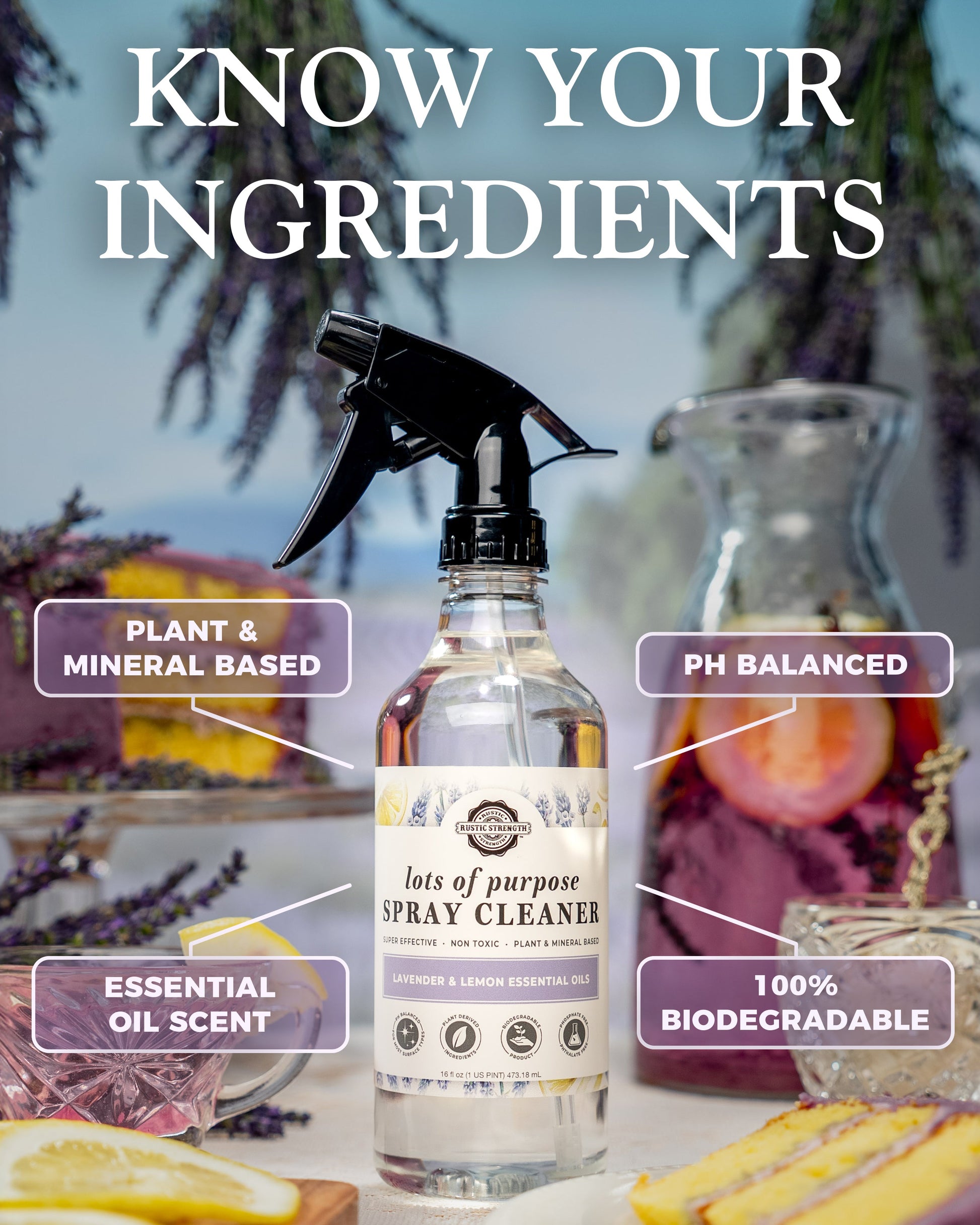 Rustic Strength Lavender & Lemon Multi-Purpose Spray Cleaner bottle with label, designed for versatile household cleaning.