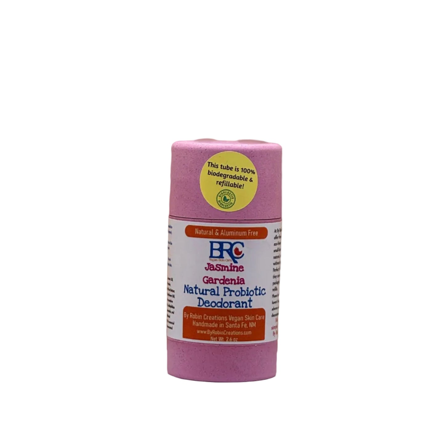Natural probiotic deodorant by Robin Creations in new packaging, showing the sleek stick and natural ingredients.
