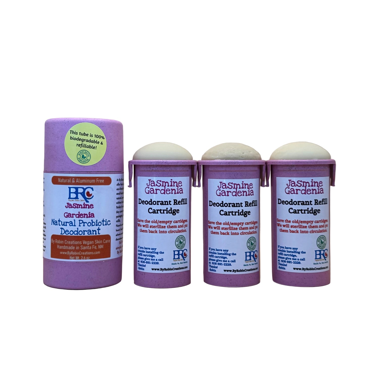 Natural probiotic deodorant by Robin Creations in new packaging, showing the stick form and clean, minimalist design.