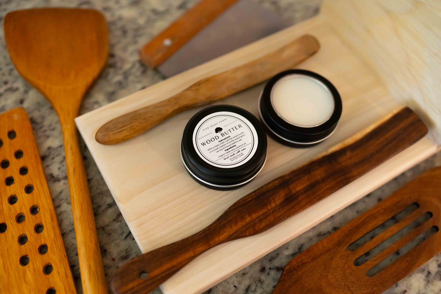 Jar of Five Oaks Farm Wood Butter from the Farm, showcasing natural wood treatment with a rustic label and wooden lid.