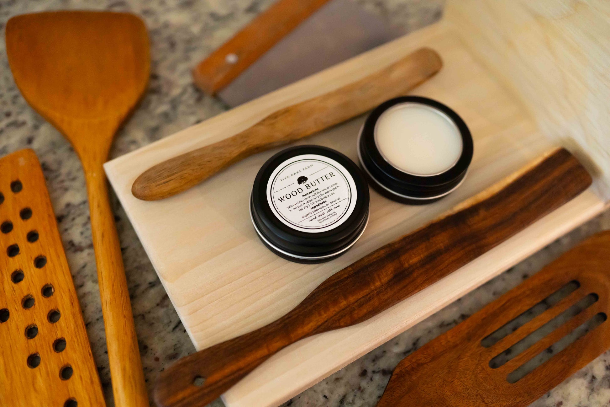 Jar of Five Oaks Farm Wood Butter from the Farm, showcasing natural wood treatment with a rustic label and wooden lid.