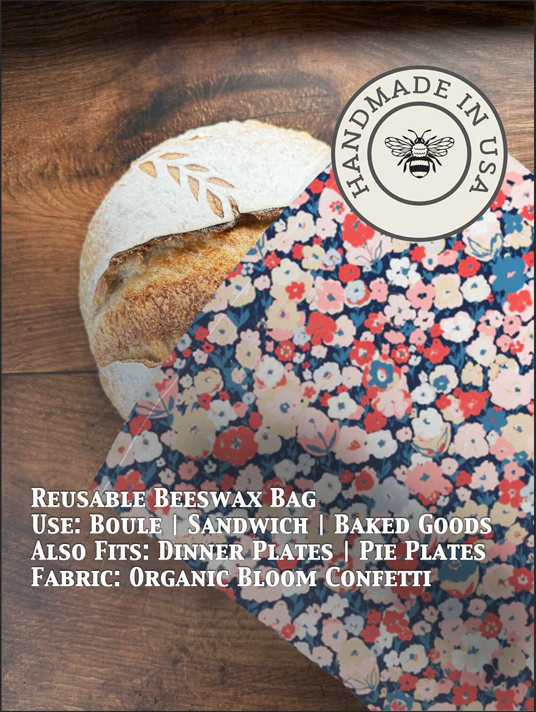 Beeswaxed bread bag from Five Oaks Farm, natural cloth bag with beeswax coating, ideal for storing fresh bread in a rustic kitchen.