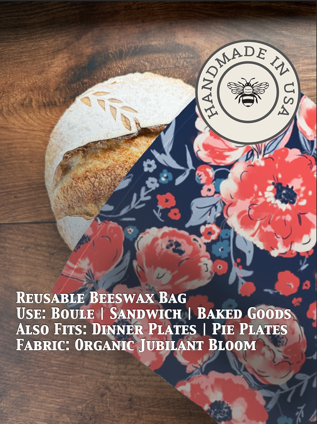 Beeswaxed bread bag from Five Oaks Farm with vibrant floral design, ideal for storing baked goods in a natural, eco-friendly way.