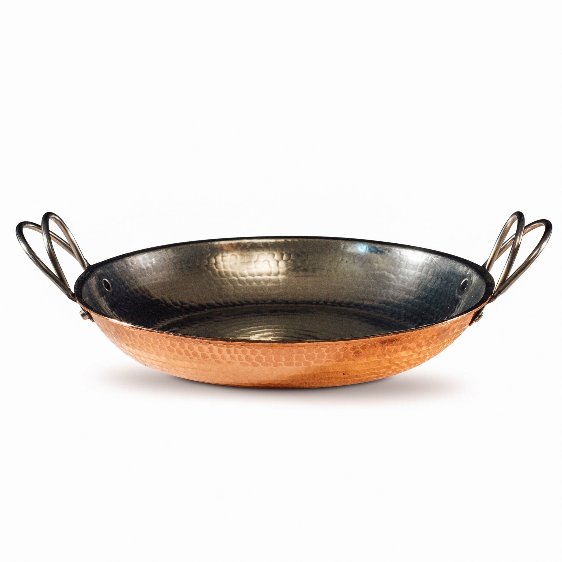 Alicante Copper Paella Pan by Sertodo, large round pot with copper finish and handles, ideal for authentic paella cooking.