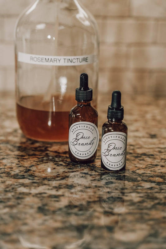 Onic Brands Elemental Rosemary Tincture bottle with dropper, herbal supplement for wellness and natural health.