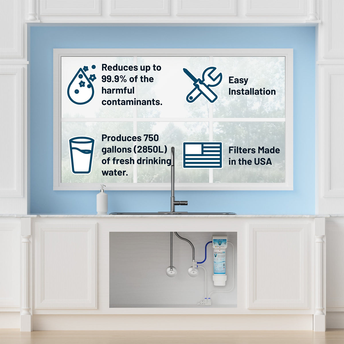 Infographic showing Epic Smart Shield Max under sink water filtration system installed beneath kitchen sink for clean drinking water.