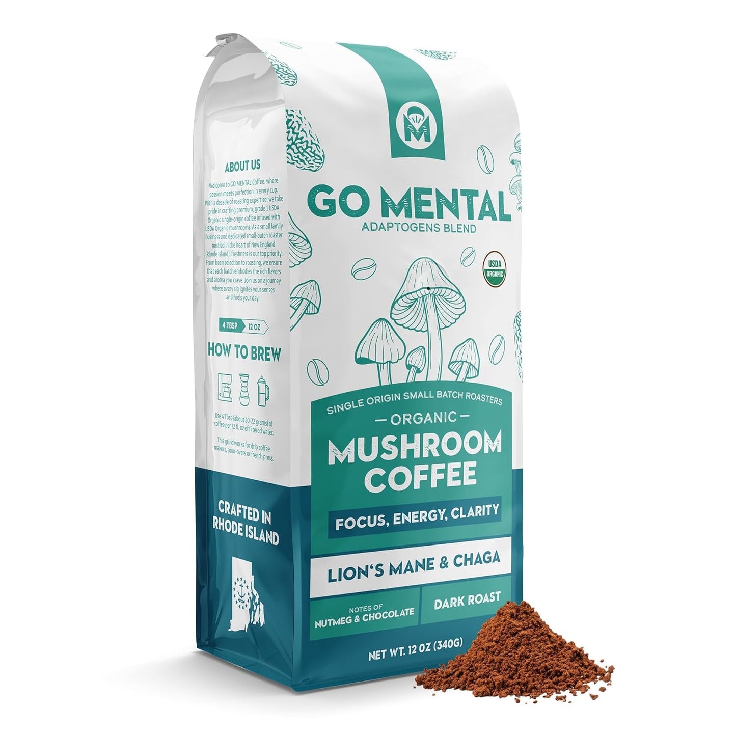 Organic Lion's Mane and Chaga Mushroom Coffee Dark Roast by GO MENTAL MUSHROOM COFFEE, brewed in a dark roast cup with mushroom inclusions.