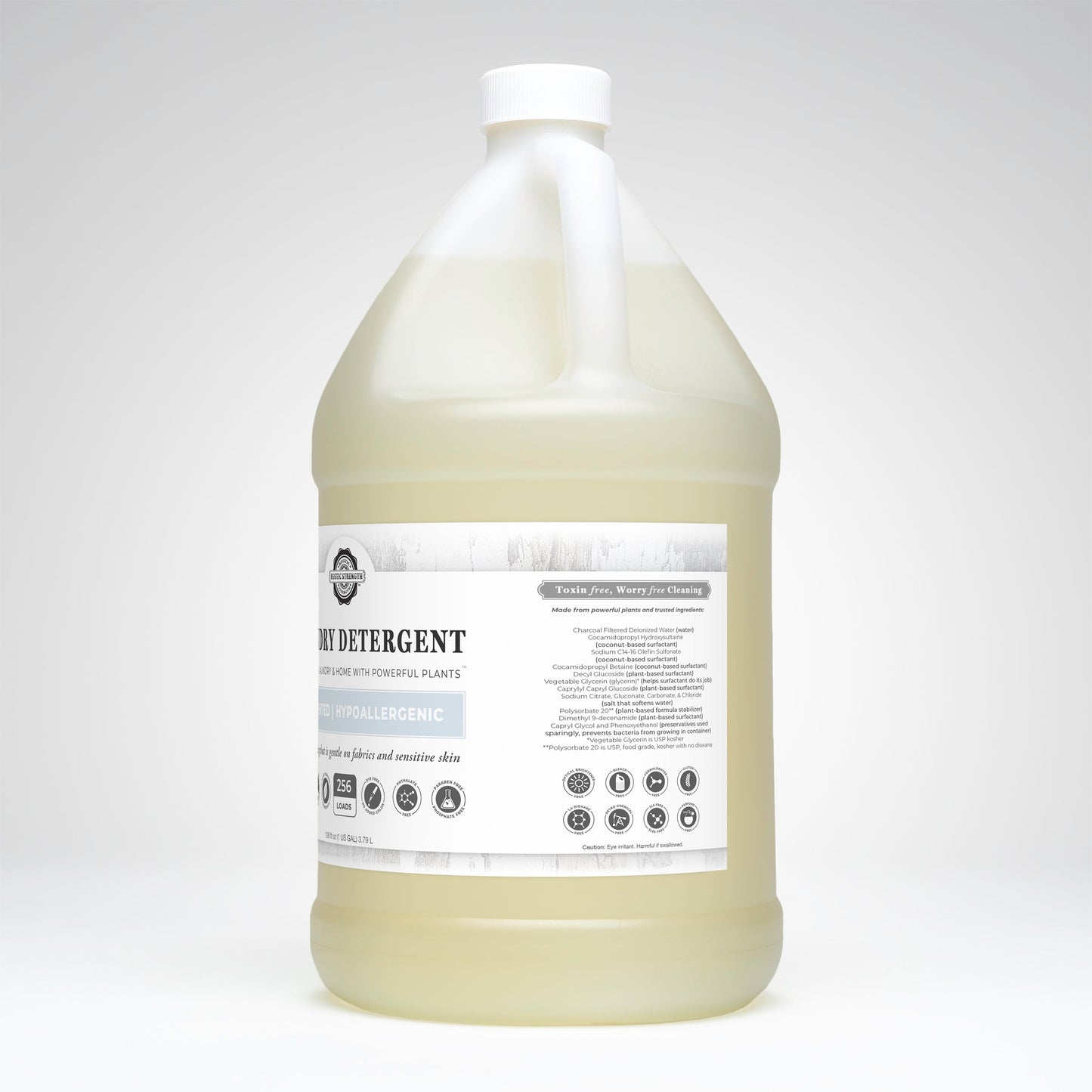 A large clear jug with a white cap contains Rustic Strength Laundry Detergent | Unscented, a plant-based, hypoallergenic liquid ideal for sensitive skin.