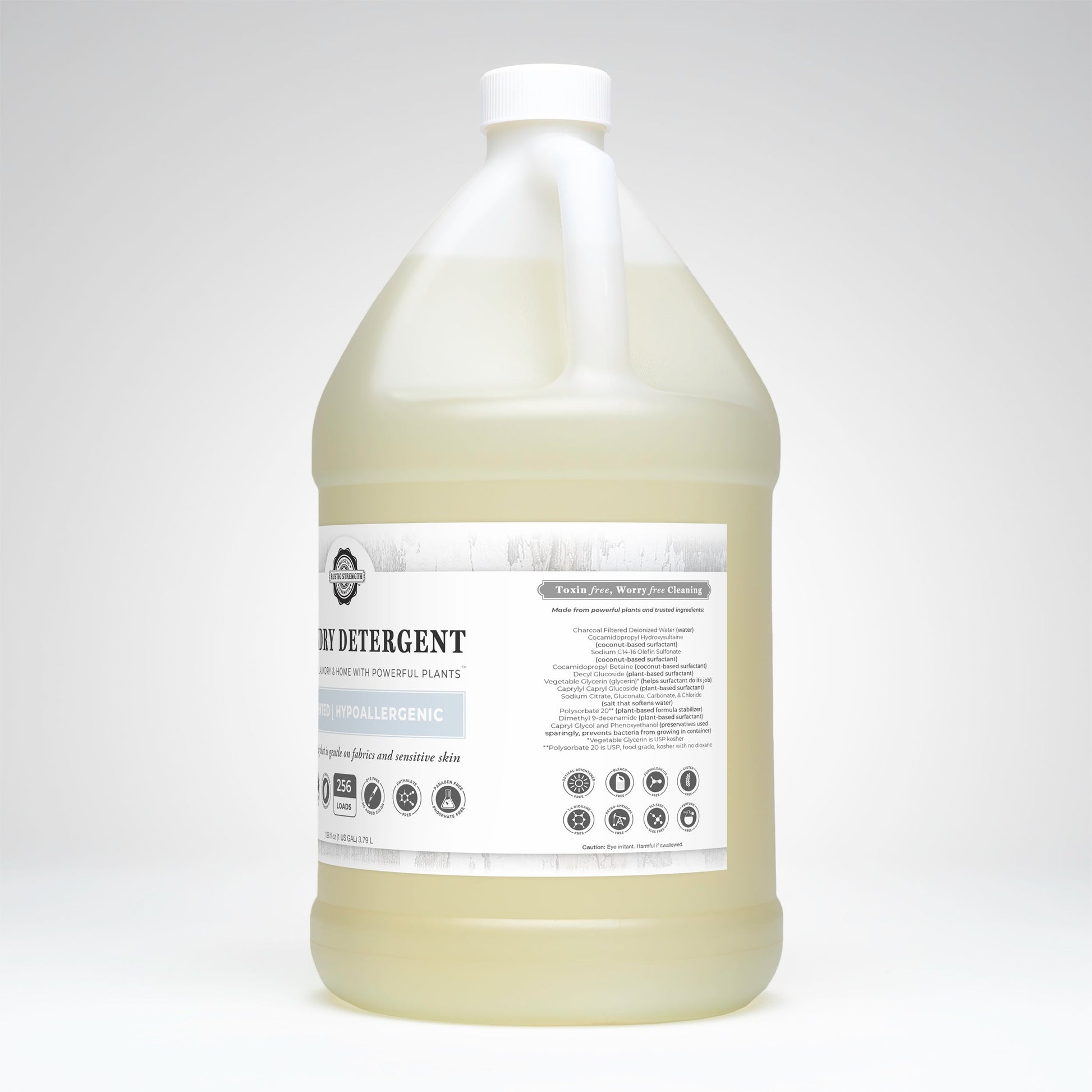 A large clear jug with a white cap contains Rustic Strength Laundry Detergent | Unscented, a plant-based, hypoallergenic liquid ideal for sensitive skin.