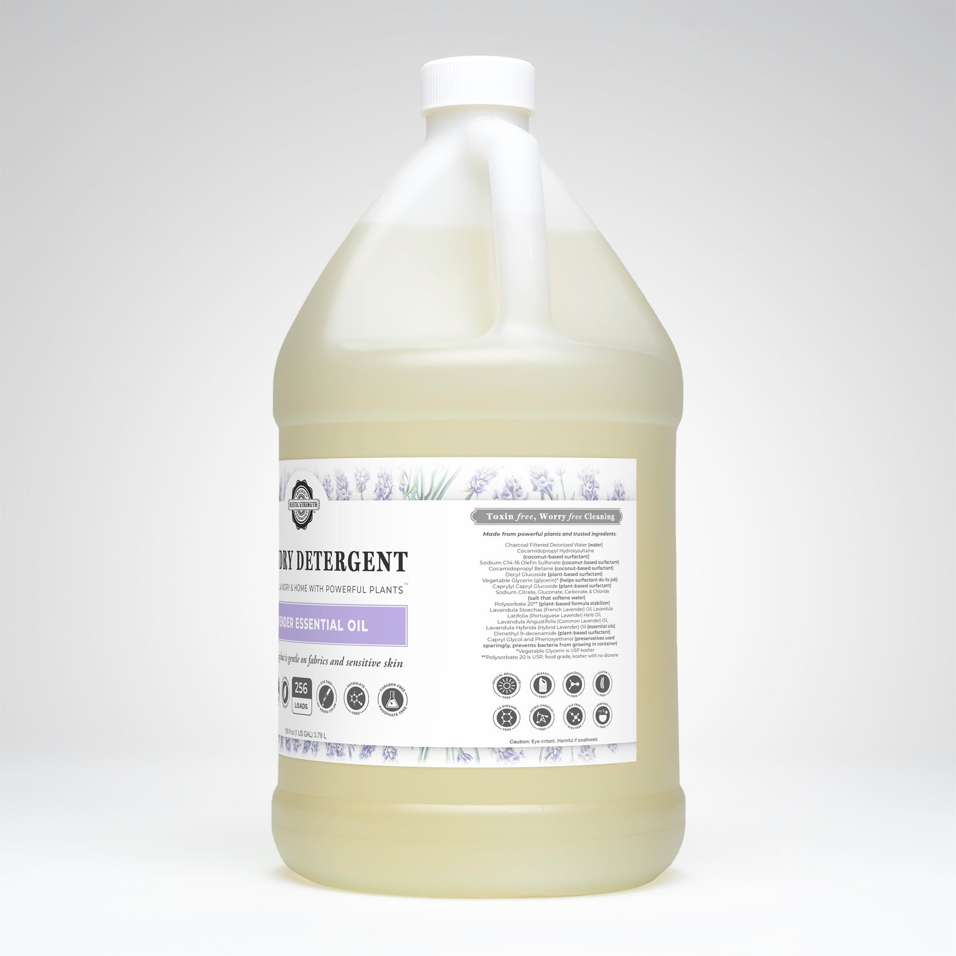 Rustic Strength Laundry Detergent | Lavender comes in a large clear jug with a white lavender-illustrated label. Hypoallergenic and biodegradable, it’s made with lavender essential oil and ideal for sensitive skin.