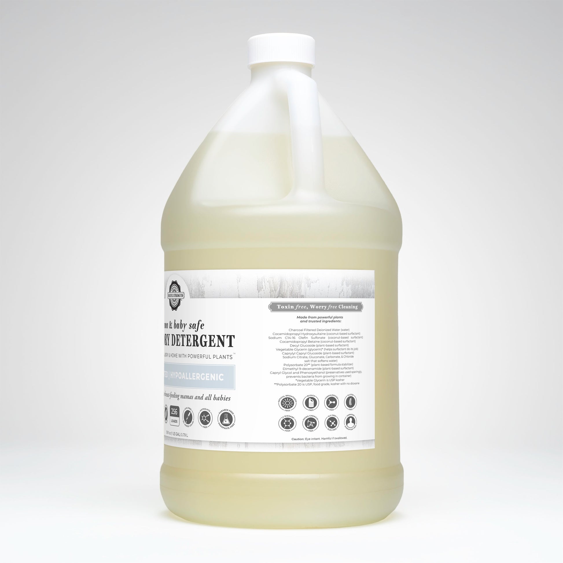A large, translucent jug of Rustic Strength Laundry Detergent | Mama + Baby Safe with a white cap and label. The label features black and gray text highlighting that it is hypoallergenic and unscented.