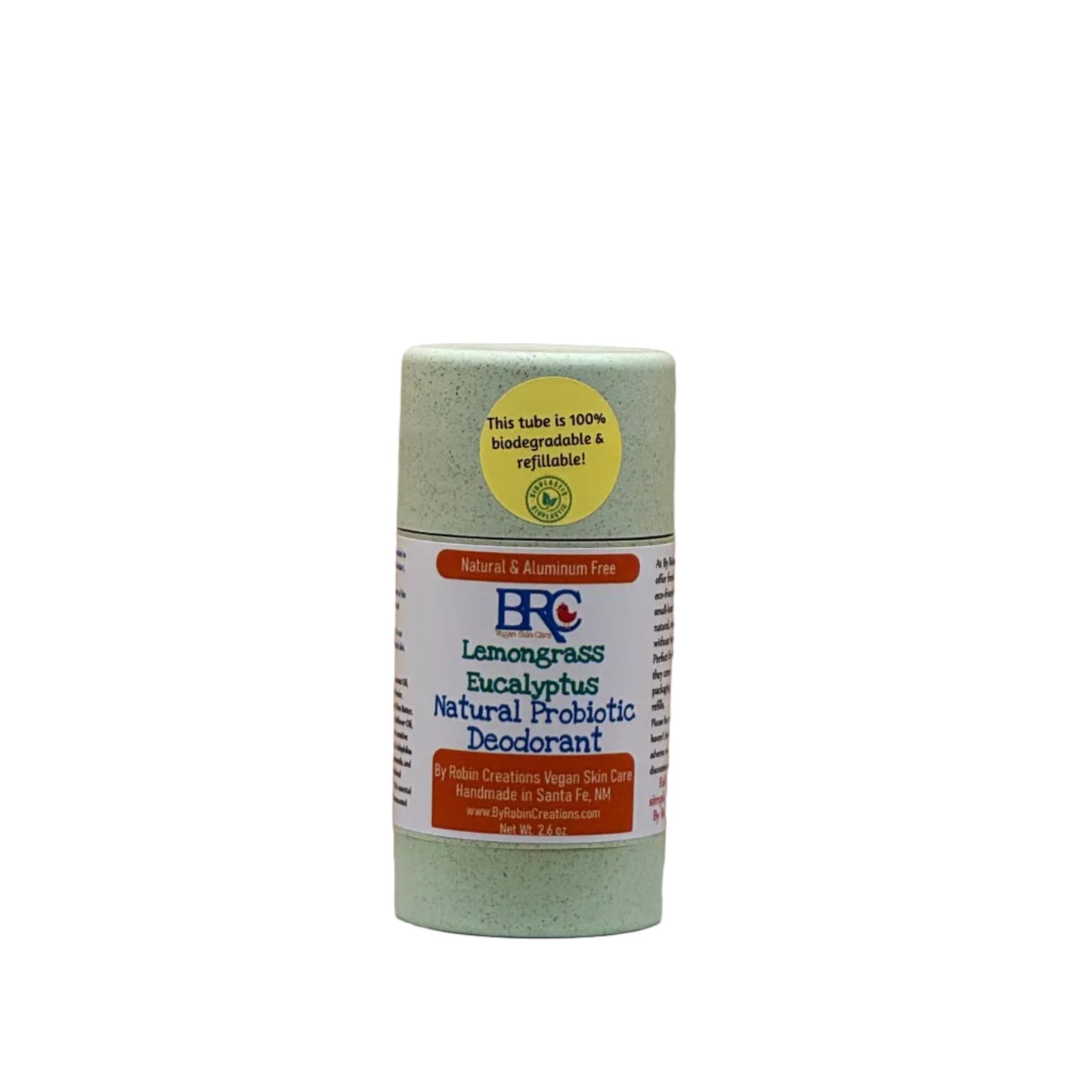 By Robin Creations natural probiotic deodorant in new packaging, showing the sleek stick container and fresh design.