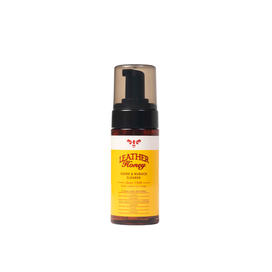Leather Honey suede and nubuck care kit with brushes, cleaning solution, and cloths for maintaining soft, clean suede and nubuck leather.