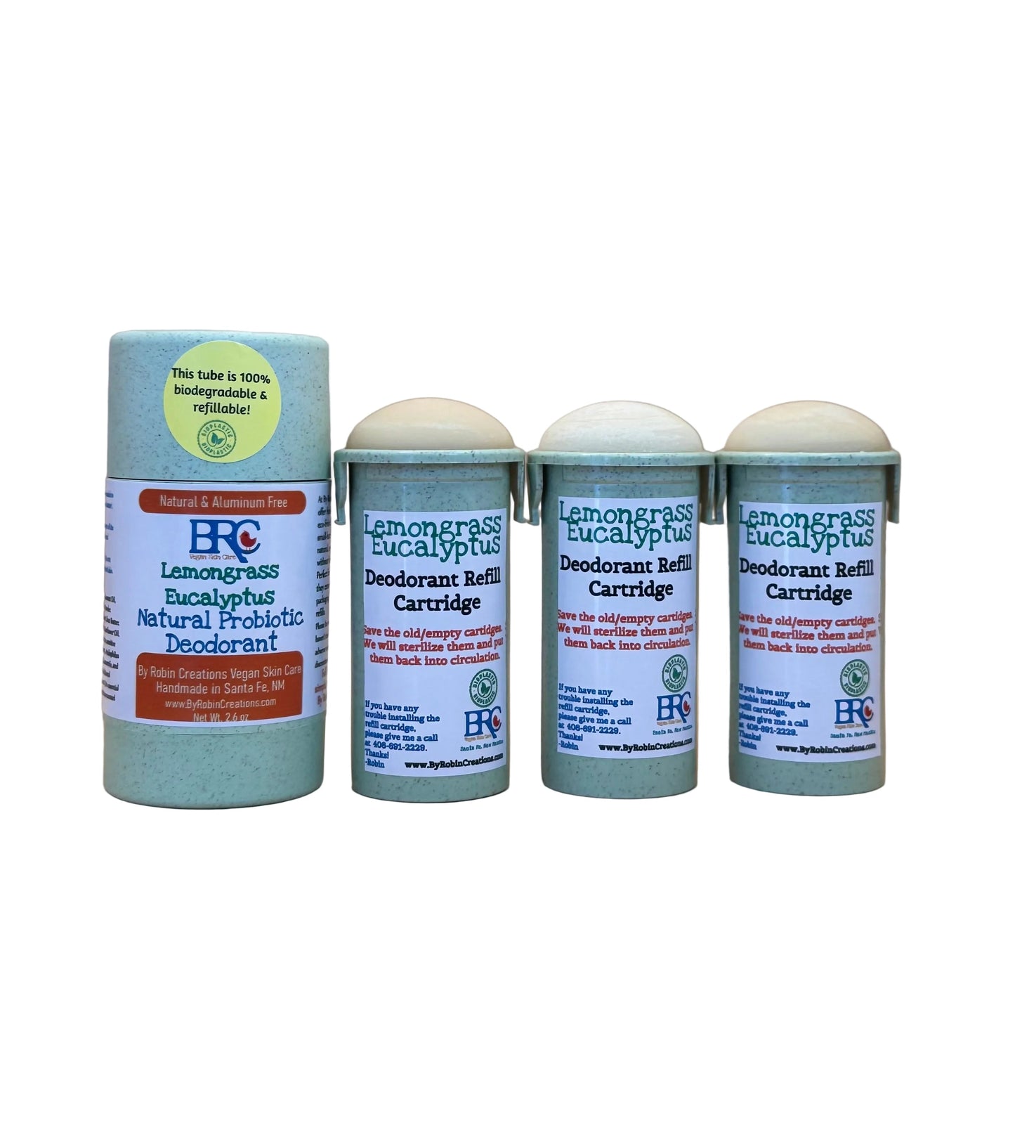 By Robin Creations natural probiotic deodorant in new packaging, showing the sleek stick application on clean skin.