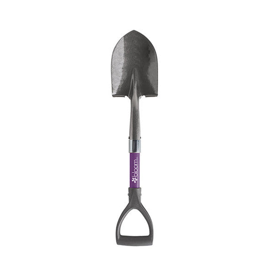 Orbit Irrigation Bloom Mini D Handle Shovel with purple handle, compact design, and sturdy metal blade for gardening and planting tasks.