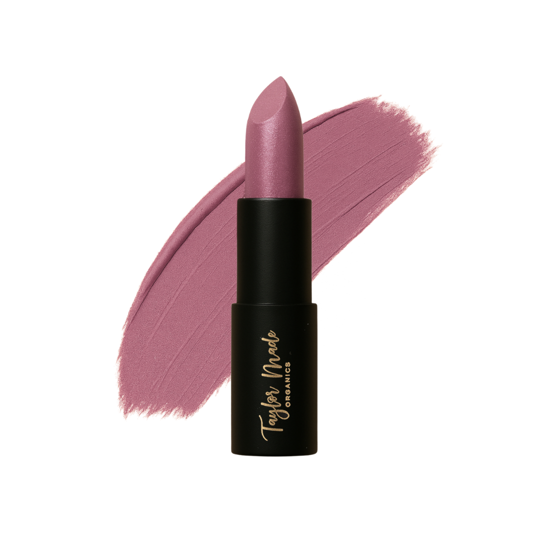 Organic lipstick from Taylor Made Organics, with a sleek tube design and natural shades visible in the image.