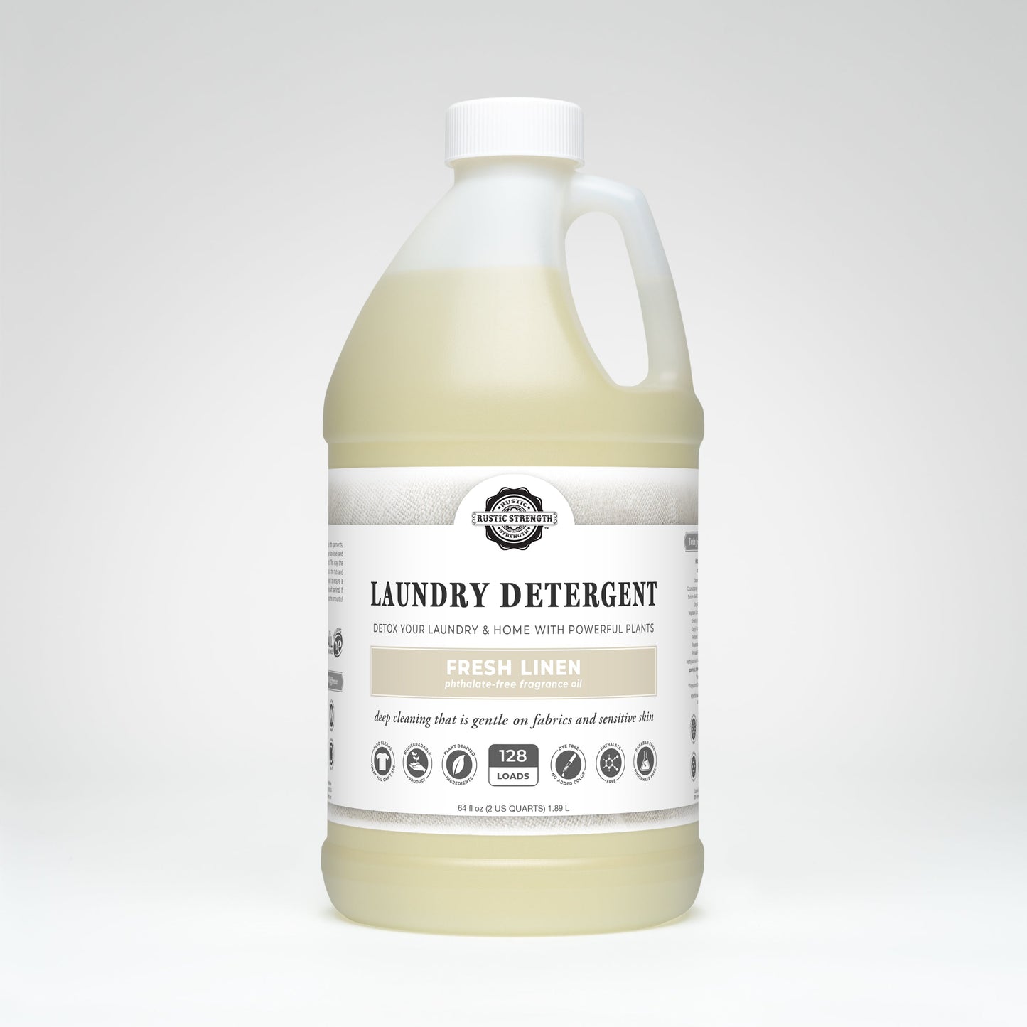 Rustic Strength Laundry Detergent | Fresh Linen is a plant-based, hypoallergenic detergent for sensitive skin. The 1-gallon bottle with a handle cleans up to 128 loads and is gentle on fabrics. Biodegradable formula; white label included.