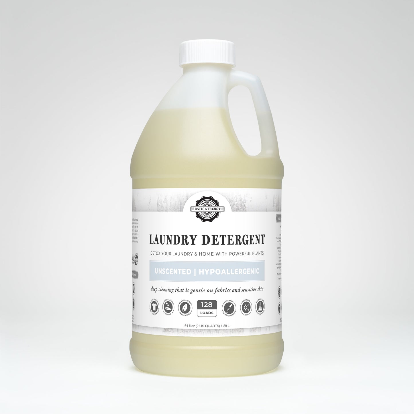 Rustic Strength Laundry Detergent | Unscented comes in a clear plastic bottle with a handle and white label. Its hypoallergenic, biodegradable, for 128 loads, and gentle on fabrics and sensitive skin.