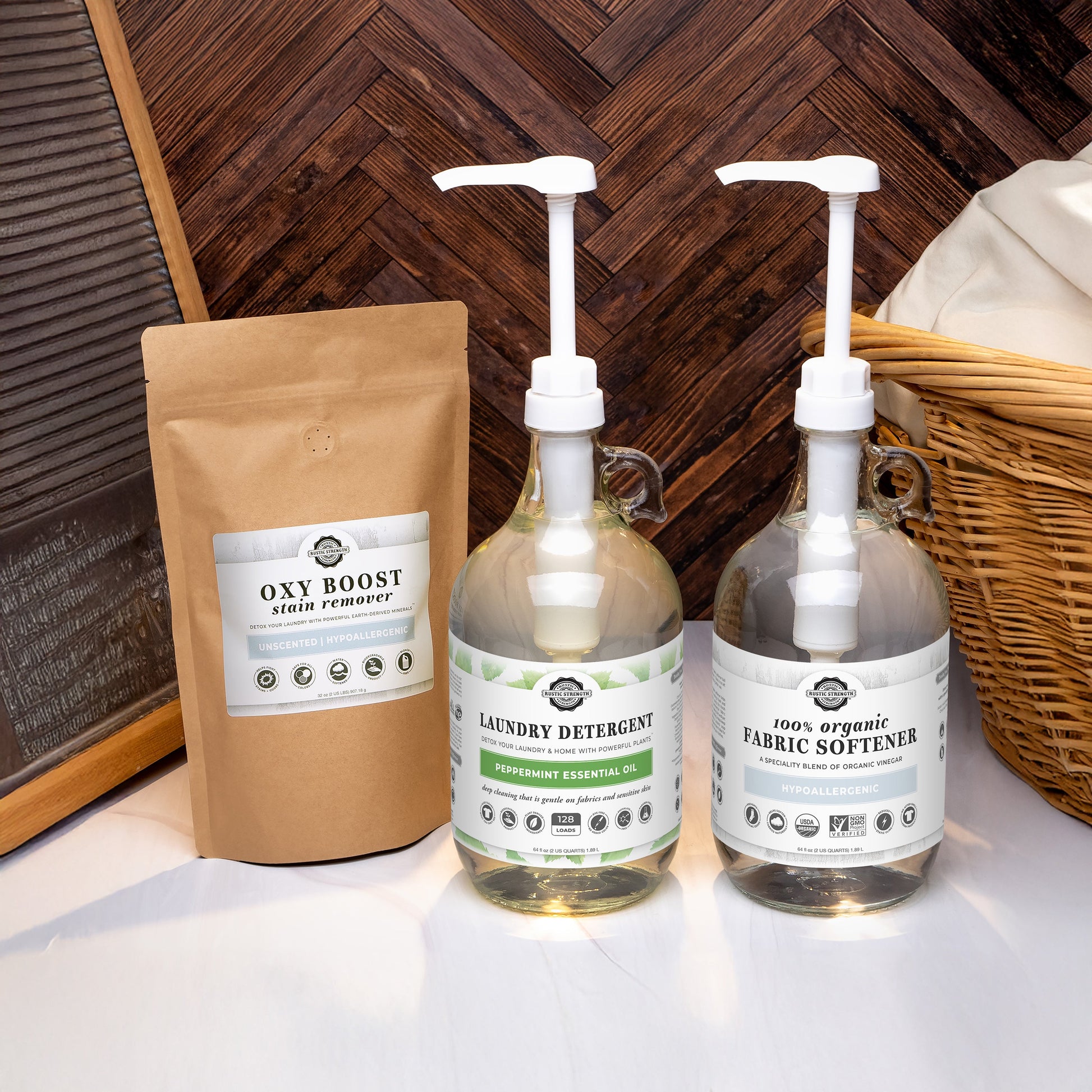 Rustic Strength Laundry Detox Set with glass bottle, peppermint scent, cleaning set for fresh, natural laundry detoxification.